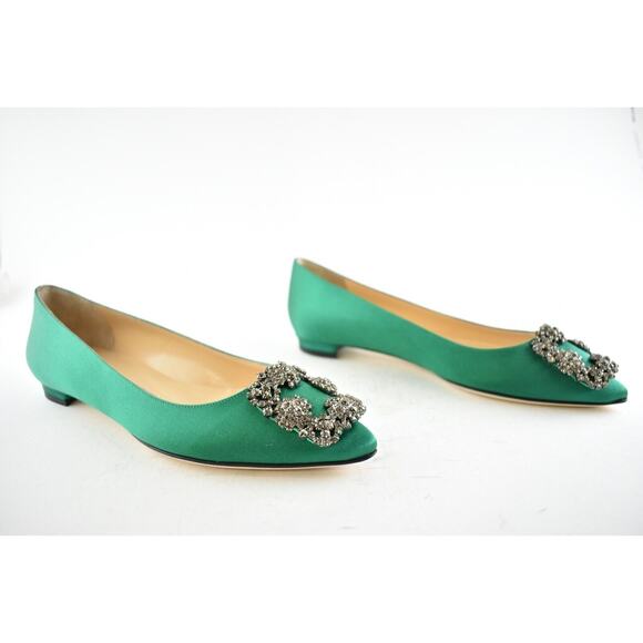 Manolo Blahnik Hangisi Emerald Green Satin Jewel Buckle Ballerina Ballet Flat 36 - Picture 2 of 12